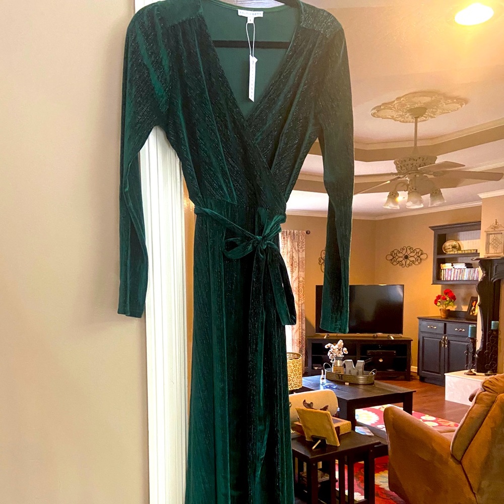 Green shimmer velvet wrap dress from Baltic Born